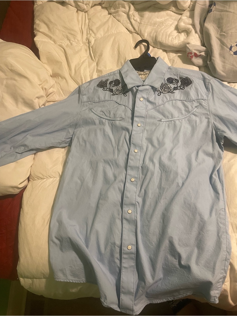 Wrangler Light Blue Western Button-Down Shirt with Black Embroidery
